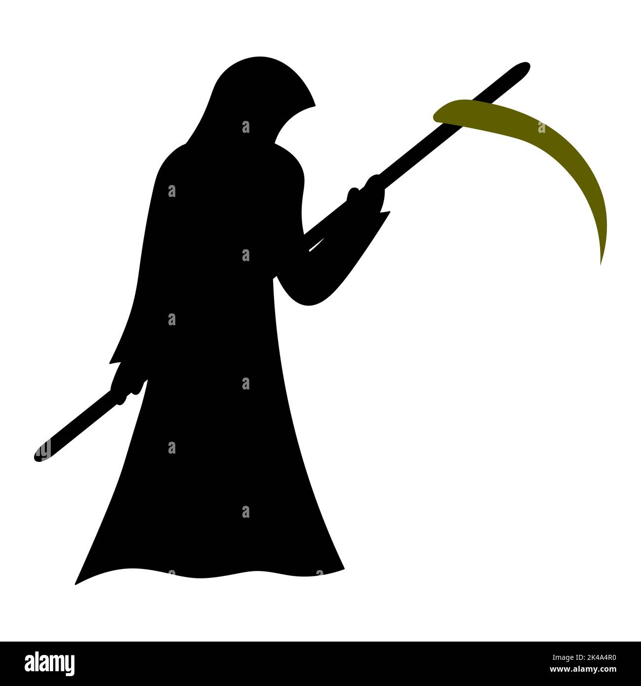 Grimmiger Reaper. Silhouette. Ein paranormales Wesen in einer Kapuzenrobe. Der Tod ist gekommen, um die Seele zu ergreifen. Vektorgrafik. Isolierter weißer Hintergrund. Stock Vektor