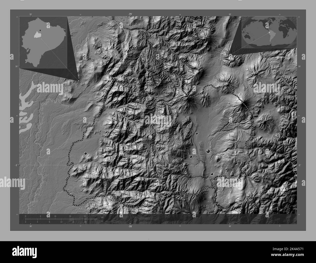 Cotopaxi, Provinz Ecuador. Bilevel-Höhenkarte mit Seen und Flüssen. Standorte der wichtigsten Städte der Region. Karten für zusätzliche Eckposition Stockfoto