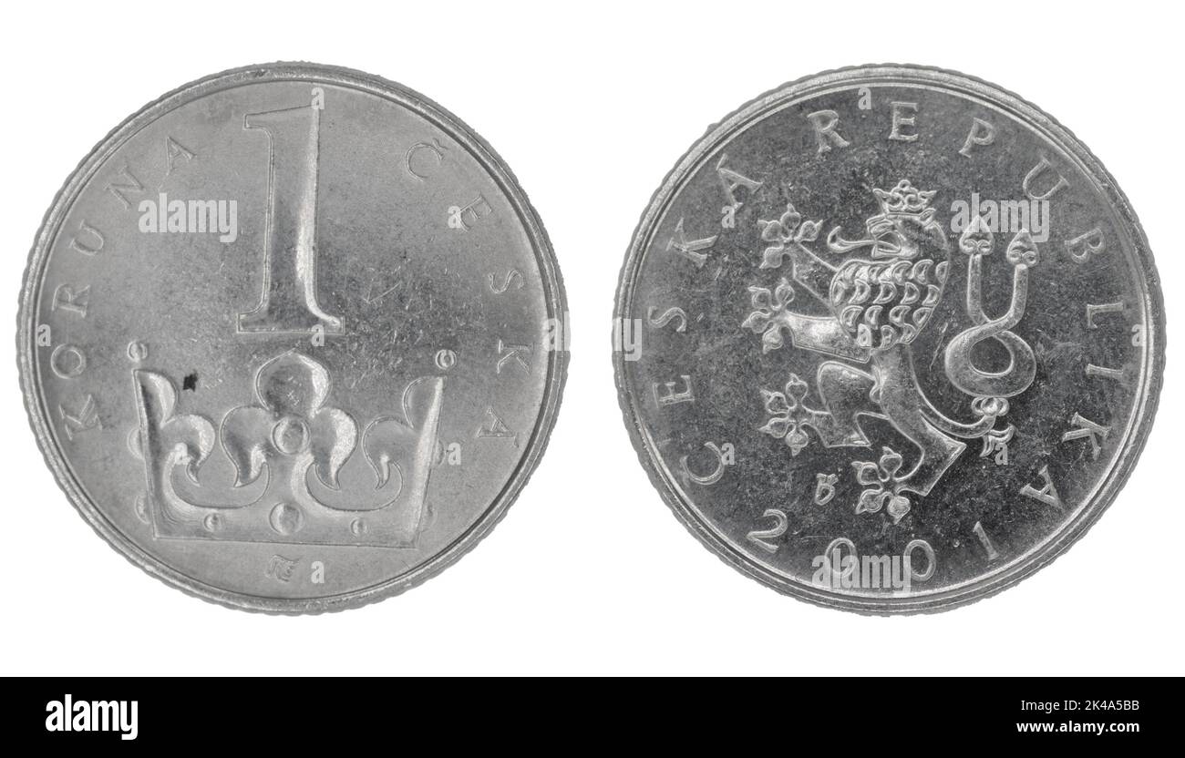 1 Tschechische Krone (CZK) Münze mit beiden Seiten auf weißem Hintergrund Stockfoto