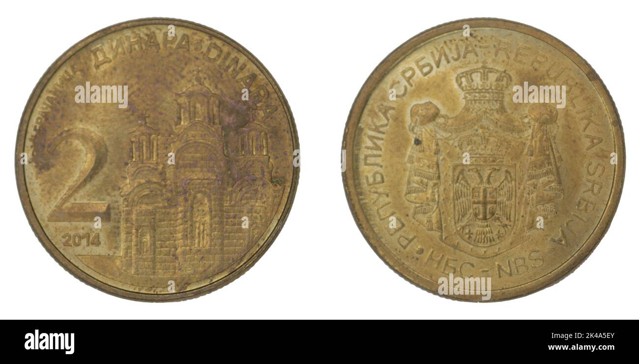 2 Serbische Dinar (RSD) Münze mit beiden Seiten auf isoliertem weißem Hintergrund Stockfoto