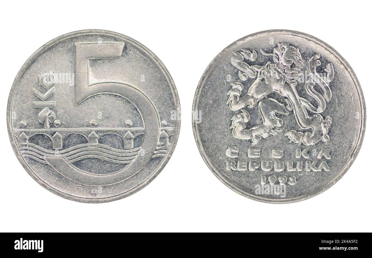 5 Tschechische Krone (CZK) Münze mit beiden Seiten auf weißem Hintergrund Stockfoto