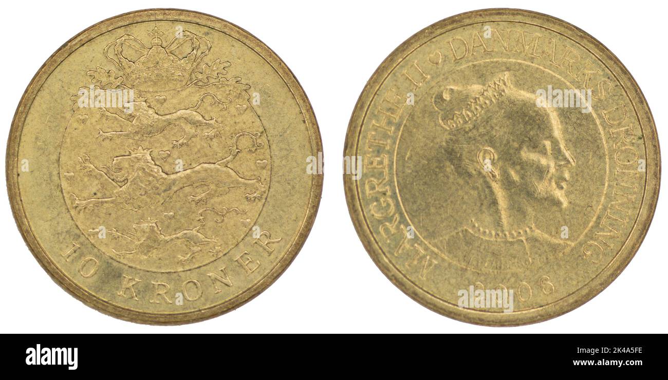 10 Dänische Krone (DKK) Münze mit beiden Seiten auf weißem Hintergrund Stockfoto