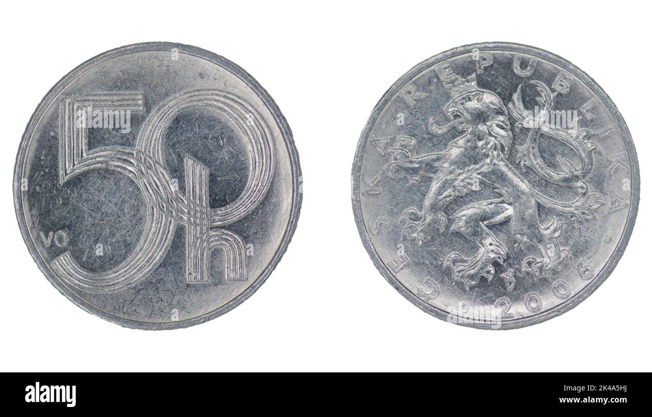 50 heller Tschechische Krone (CZK) Münze mit beiden Seiten auf weißem Hintergrund Stockfoto