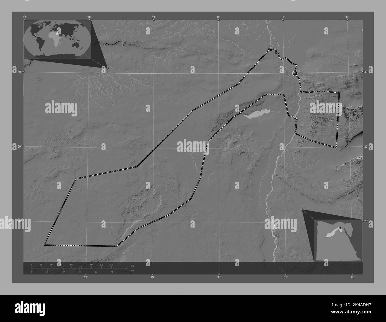 Al Izah, Regierungsbezirk von Ägypten. Bilevel-Höhenkarte mit Seen und Flüssen. Karten für zusätzliche Eckposition Stockfoto