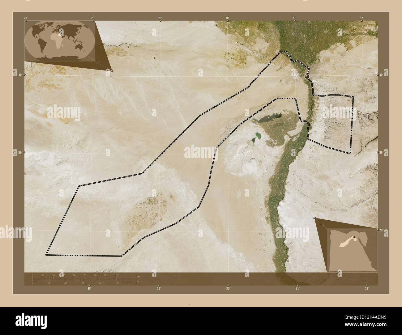 Al Izah, Regierungsbezirk von Ägypten. Satellitenkarte mit niedriger Auflösung. Karten für zusätzliche Eckposition Stockfoto