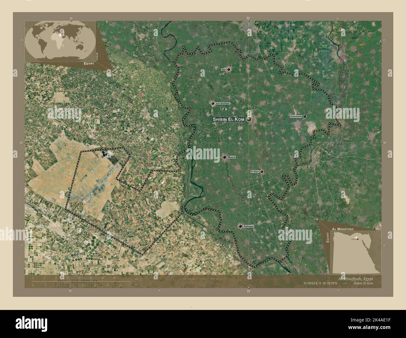 Al Minufiyah, Regierungsbezirk von Ägypten. Hochauflösende Satellitenkarte. Orte und Namen der wichtigsten Städte der Region. Karten für zusätzliche Eckposition Stockfoto