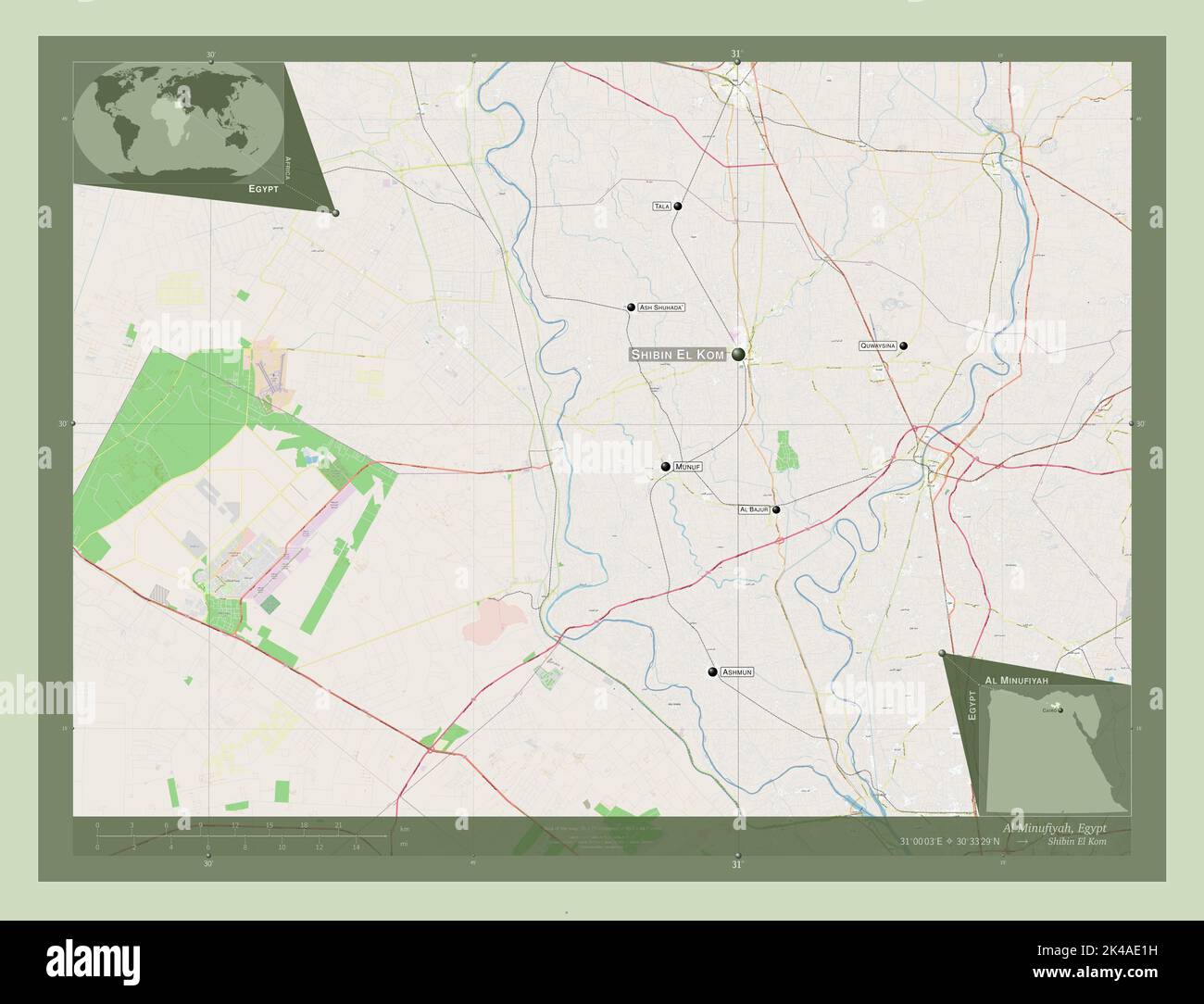 Al Minufiyah, Regierungsbezirk von Ägypten. Öffnen Sie Die Straßenkarte. Orte und Namen der wichtigsten Städte der Region. Karten für zusätzliche Eckposition Stockfoto