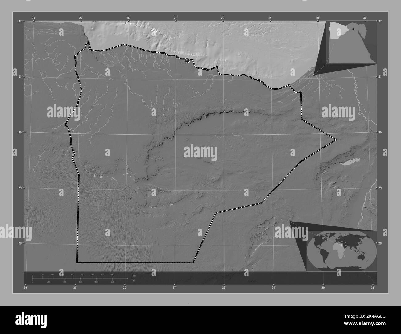 Matrouh, Regierungsbezirk von Ägypten. Bilevel-Höhenkarte mit Seen und Flüssen. Karten für zusätzliche Eckposition Stockfoto