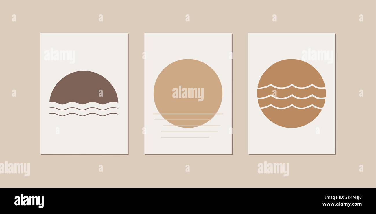 Abstrakte Set zeitgenössischen ästhetischen Hintergründe Landschaften mit Sonnenaufgang, Sonnenuntergang. Boho-Wanddekoration. Moderner minimalistischer Kunstdruck aus der Mitte des Jahrhunderts. Stockfoto