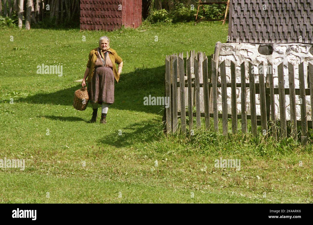 Ciocanu, Kreis Arges, Rumänien, ca. 1995. Ältere, ortsansässige Frau, die auf dem Bauernhof mit ihren täglichen Aufgaben beschäftigt ist. Stockfoto