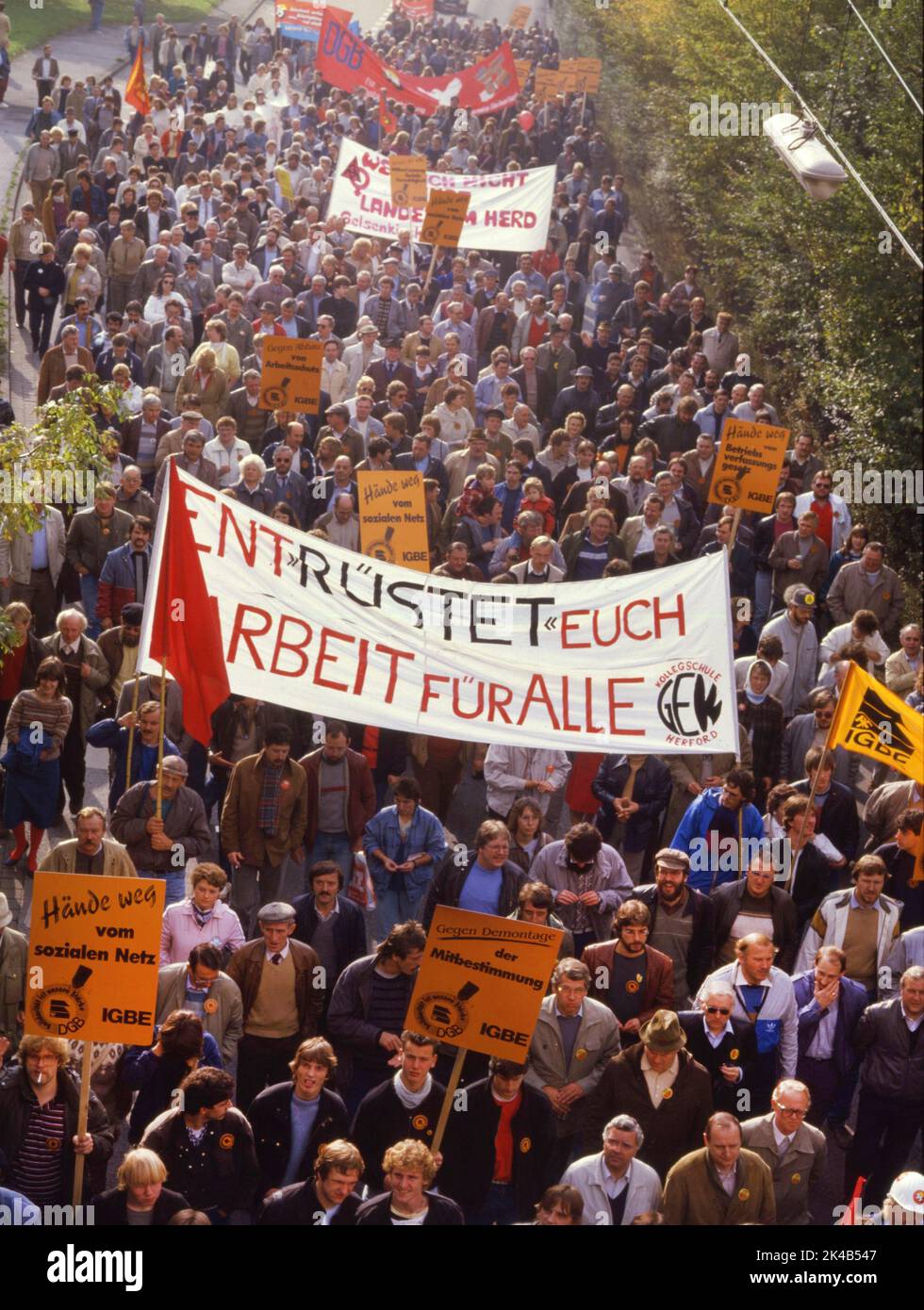 Demonstration der Bergbau- und Energiearbeitergewerkschaft zur Erhaltung von Kohlenjobs im Ruhrgebiet um 1986-7 Stockfoto