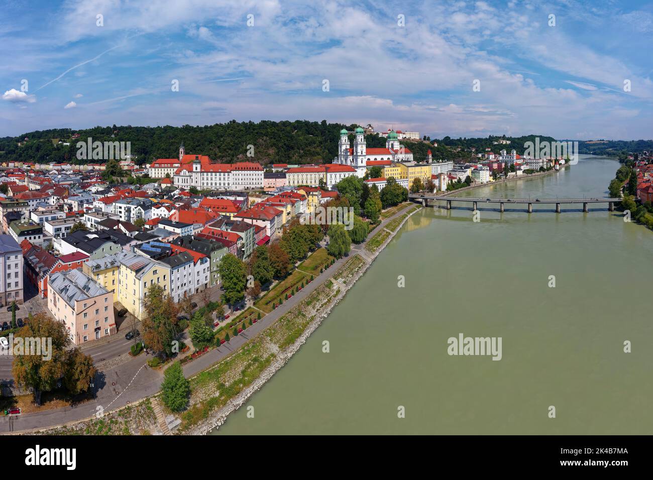 Luftaufnahme, Inn, Marienbrücke, Stephansdom, Altstadt, Drei Flüsse Stadt Passau, unabhängige Universitätsstadt, administrativ Stockfoto