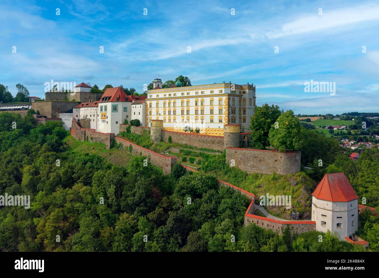 Veste Oberhaus, Baujahr 1219-1800, Luftaufnahme, Dreifluessestadt Passau, unabhängige Universitätsstadt, Landkreis Niederbayern, Ost Stockfoto