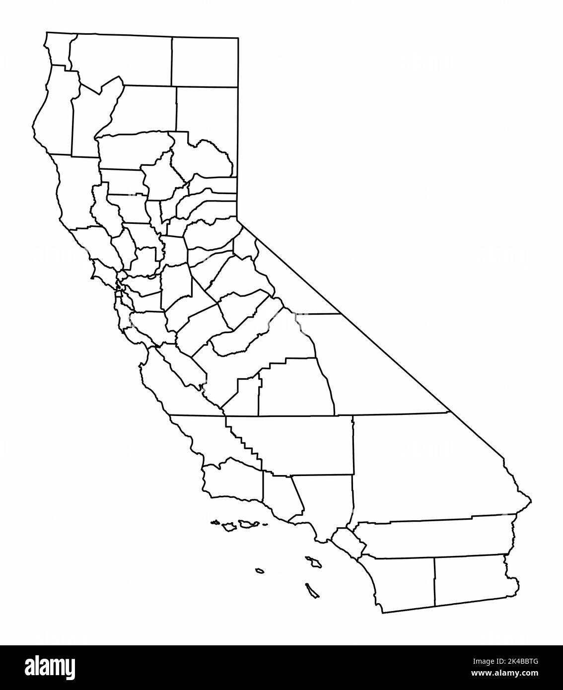 Verwaltungskarte für Kalifornien. Schwarze Umrisse auf weißem Hintergrund. Stock Vektor