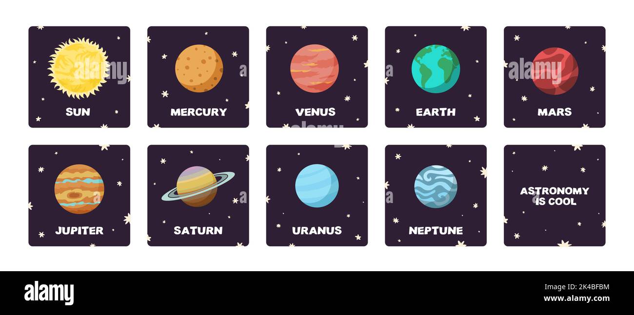 Bunte Sonnensystem Platz Platz Karteikarten in flachem Design Cartoon-Stil. Astronomie-Bildung und Wissenschaft für Kinder lernen Stock Vektor