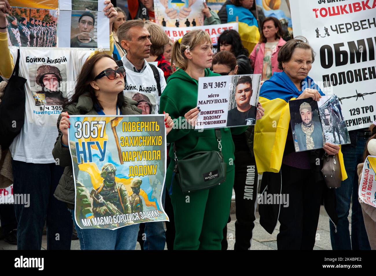 Kiew, Kiew, Ukraine. 1. Oktober 2022. Kundgebung der Verwandten auf ukrainische Soldaten, die Kiew, Kiew, Ukraine. 1. Oktober 2022. Kundgebung der Verwandten auf ukrainische Soldaten, die