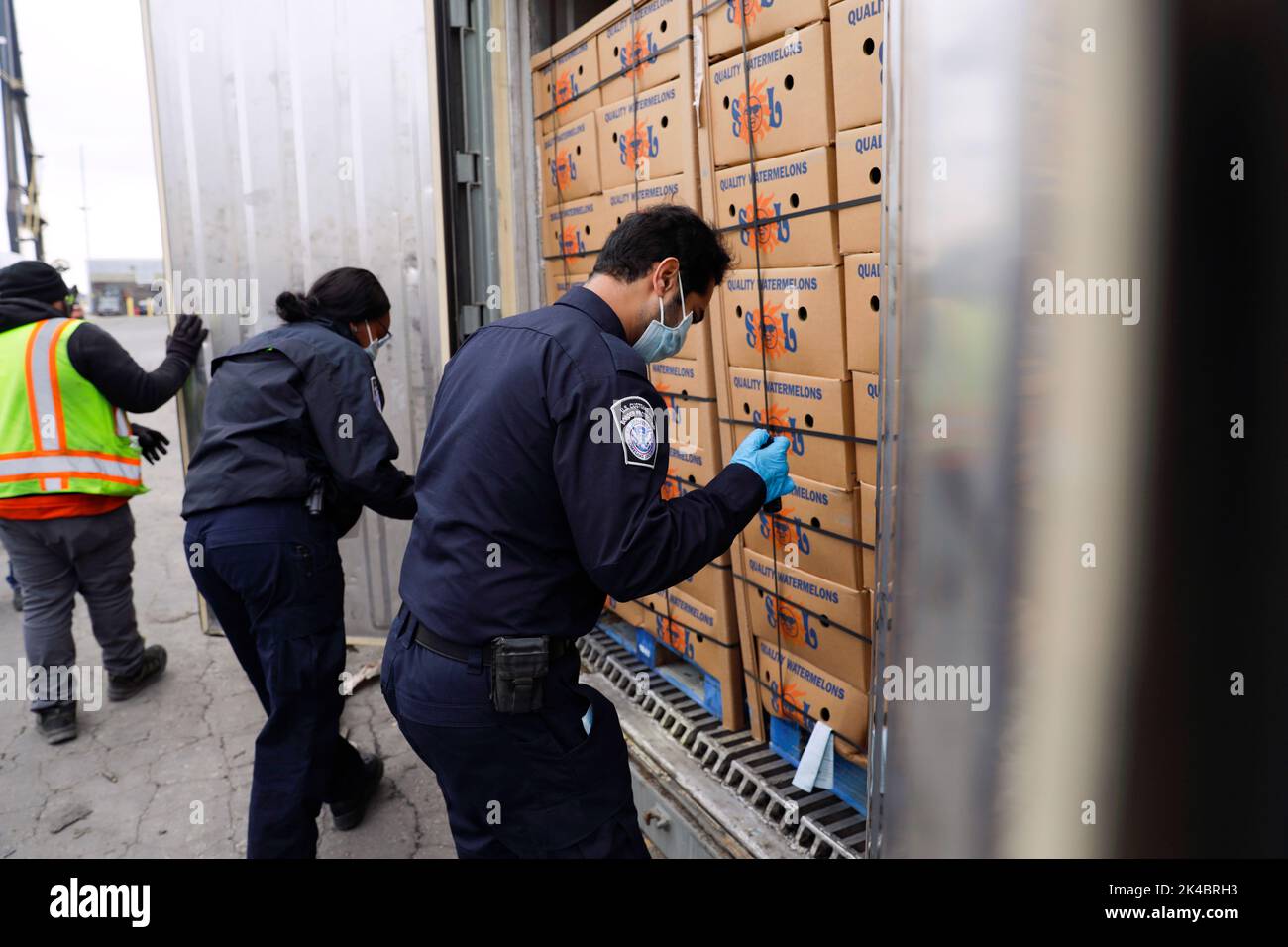 Die Agrarspezialisten des US-amerikanischen Zoll- und Grenzschutzbüros für Außeneinsätze untersuchen die Fruchtlieferungen, die an den Penn Terminals in Eddystone, Pennsylvania, ankommen, 16. April 2020. CBP-Foto von Glenn Fawcett Stockfoto