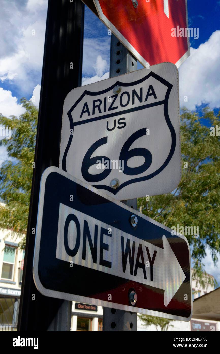 Arizona US 66 Wegweiser in Winslow AS Stockfoto