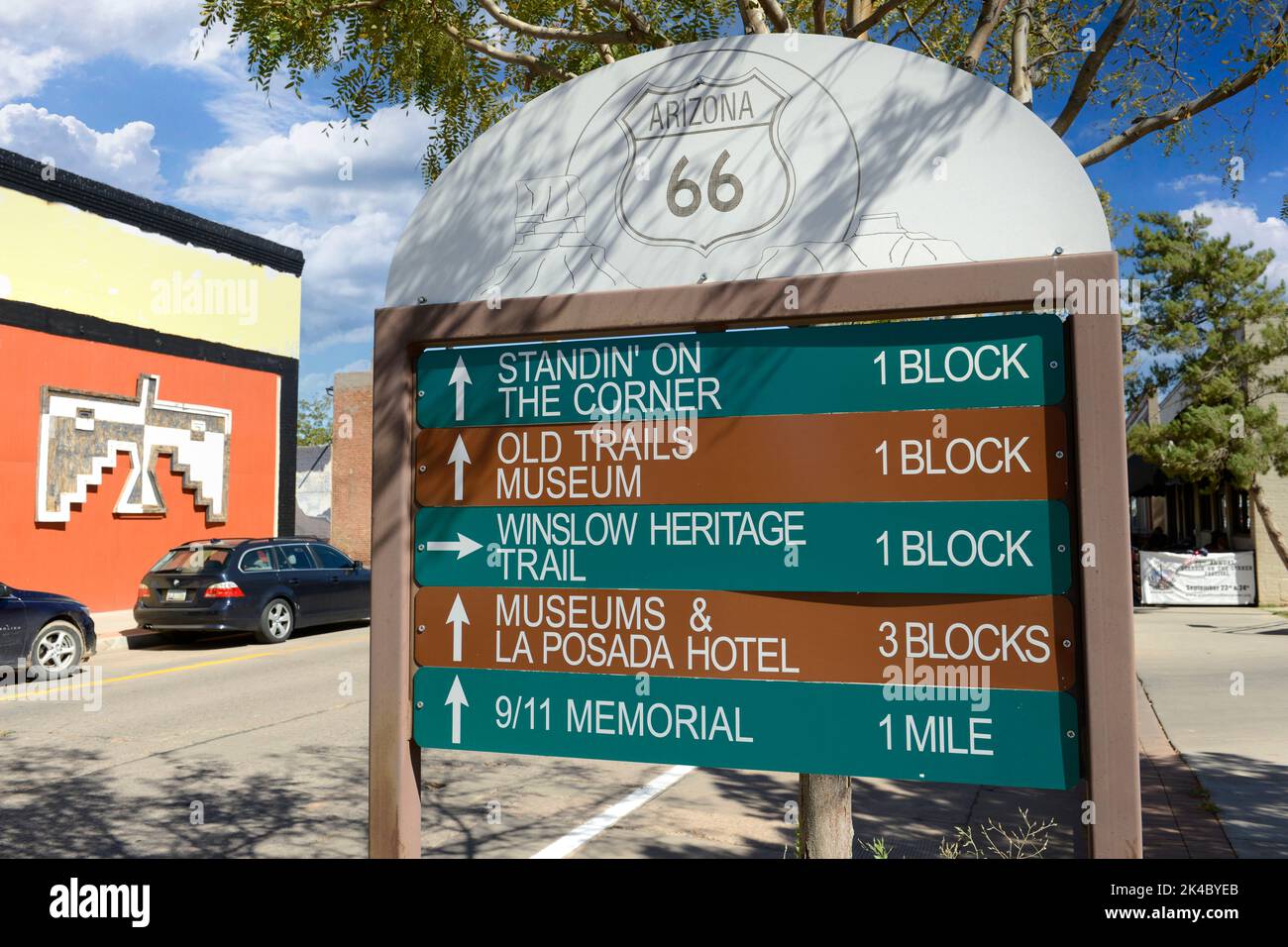 Route 66 Winslow Arizona Sehenswürdigkeiten Wegweiser Stockfoto