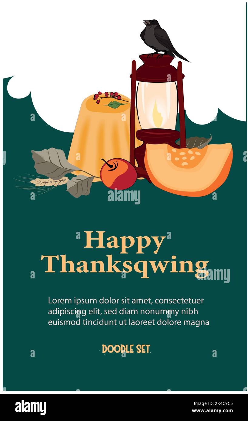 Happy Thanksgiving Urlaub Vektor-Design-Vorlage für Websites, Poster, Banner. Happy Thanksgiving mit traditionellem Essen, truthahn, Kuchen, Kürbissen und Früchten. Vektor-Website-Vorlage Stock Vektor