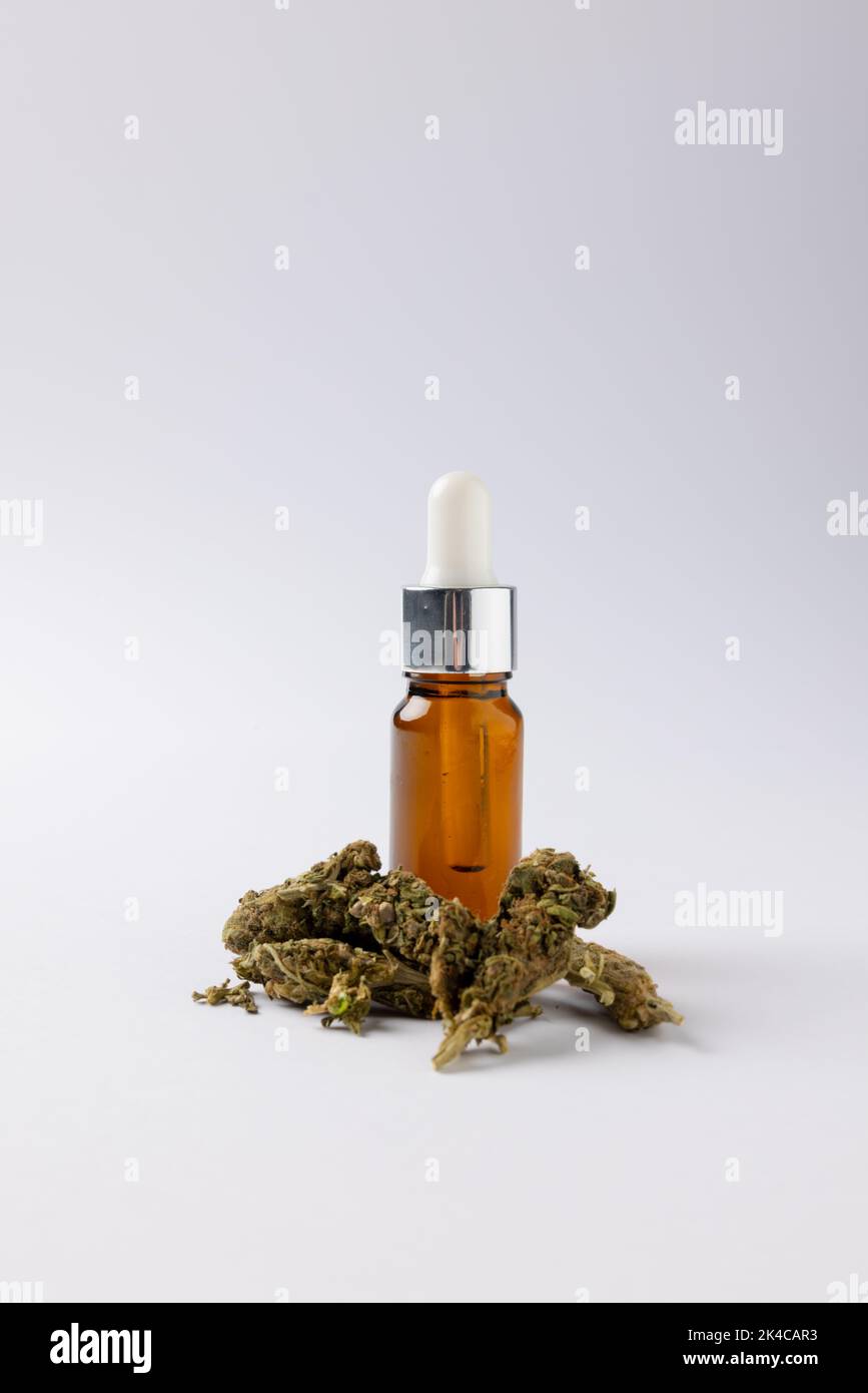 Vertikale Abbildung einer Flasche CBD-Öl und getrockneten Marihuana-Blättern auf weißer Oberfläche Stockfoto