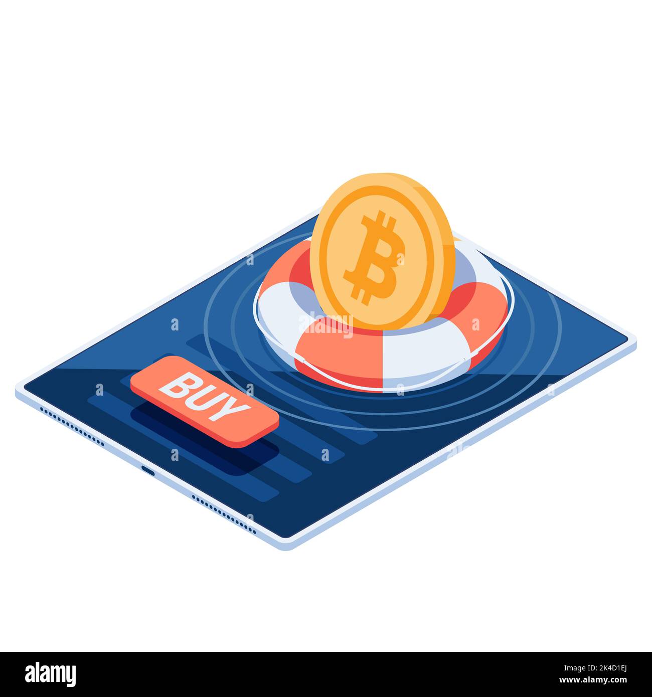 Flacher 3D Isometrischer Bitcoin mit Lifebuoy schwimmend auf dem Smartphone-Bildschirm. Bitcoin als Safe Haven Asset bei Kryptowährungsmarkt Crash-Konzept. Stock Vektor