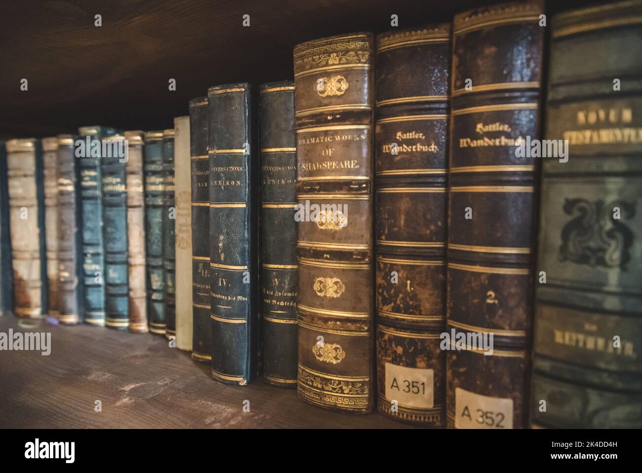 Eine Nahaufnahme von Enzyklopädien und Büchern im Bücherregal, angeordnet mit einer Zeile Stockfoto