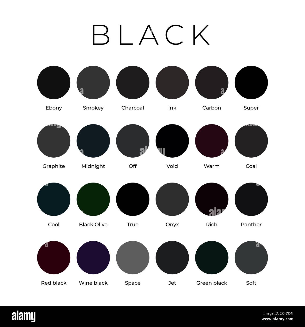 Schwarze Farbtöne Farbfelder Palette mit Namen Stock Vektor