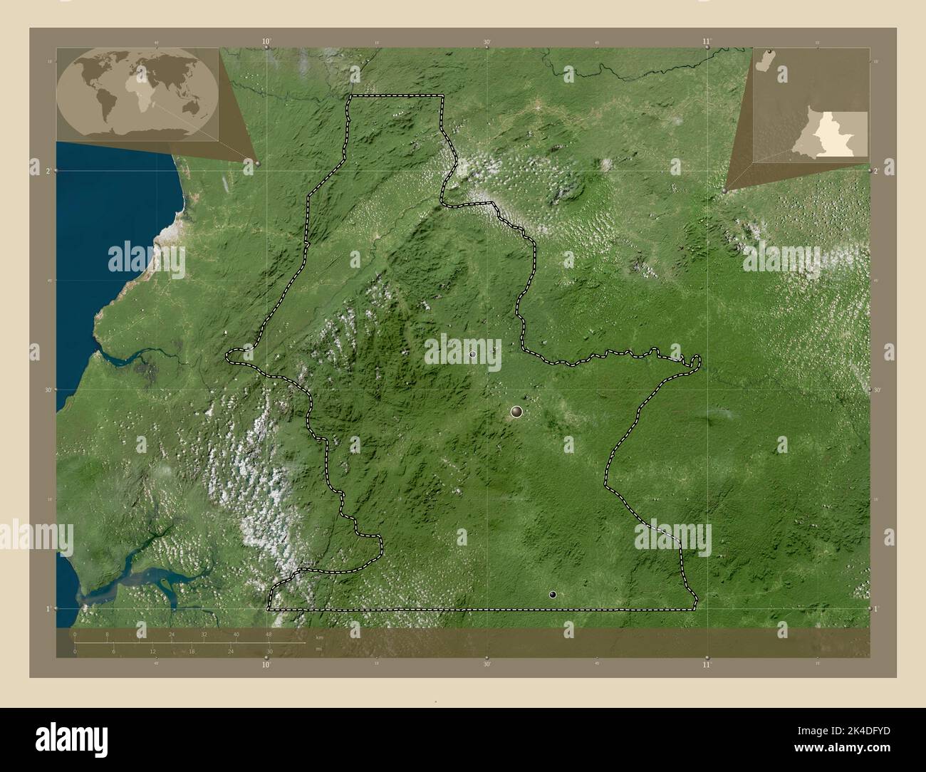 Centro Sur, Provinz Äquatorialguinea. Hochauflösende Satellitenkarte. Standorte der wichtigsten Städte der Region. Karten für zusätzliche Eckposition Stockfoto