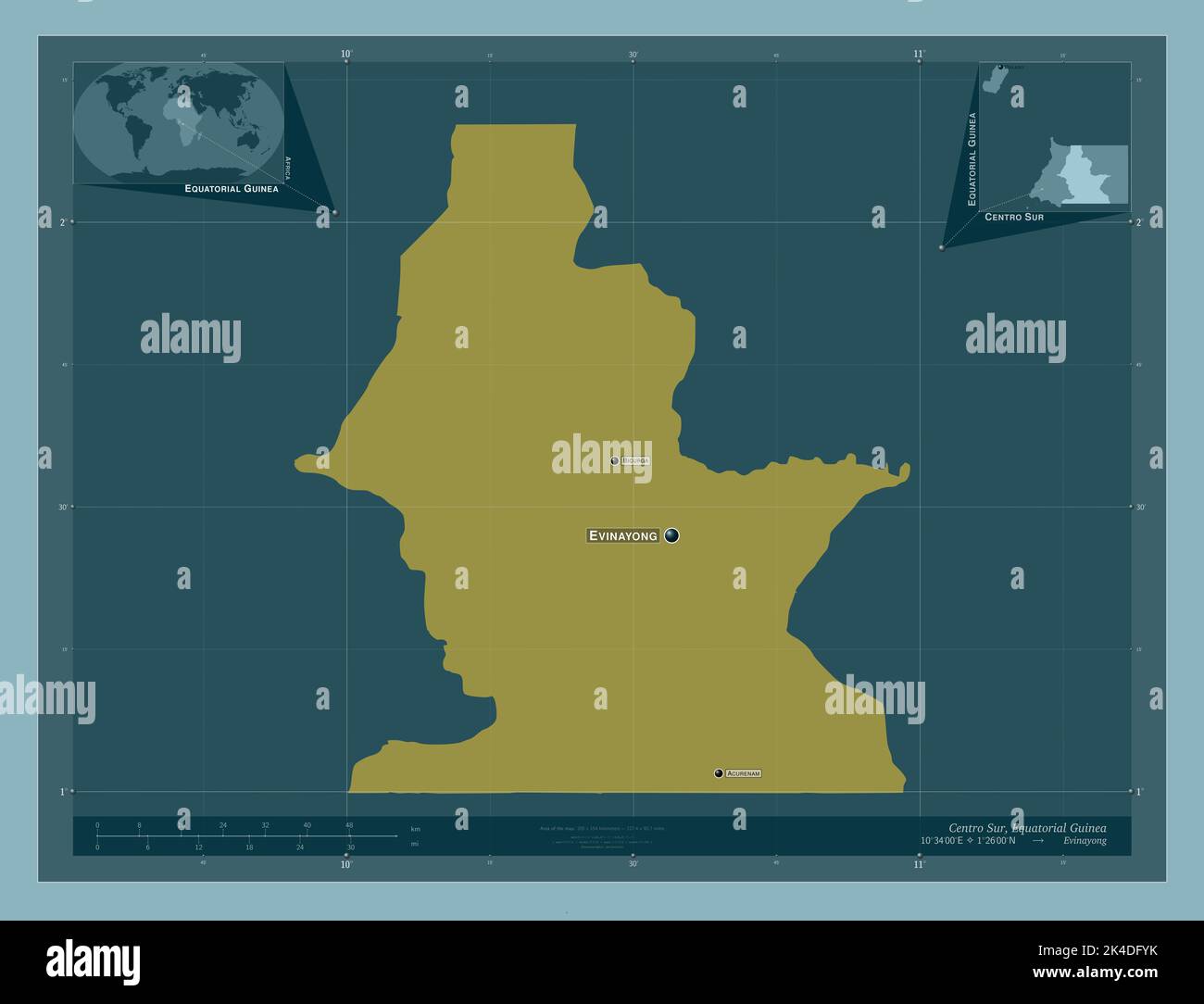Centro Sur, Provinz Äquatorialguinea. Einfarbige Form. Orte und Namen der wichtigsten Städte der Region. Karten für zusätzliche Eckposition Stockfoto