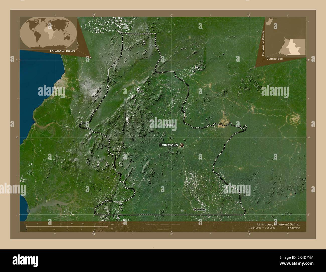 Centro Sur, Provinz Äquatorialguinea. Satellitenkarte mit niedriger Auflösung. Orte und Namen der wichtigsten Städte der Region. Zusätzliche Position der Ecke Stockfoto