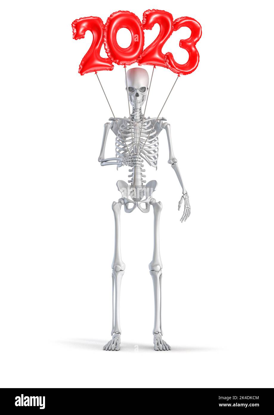 Skelett mit 2023 Ballon - 3D Abbildung der männlichen menschlichen Skelett Figur mit roten Kunststoff Nummer Jahr 2023 Ballons isoliert auf weißem Studio zurück Stockfoto