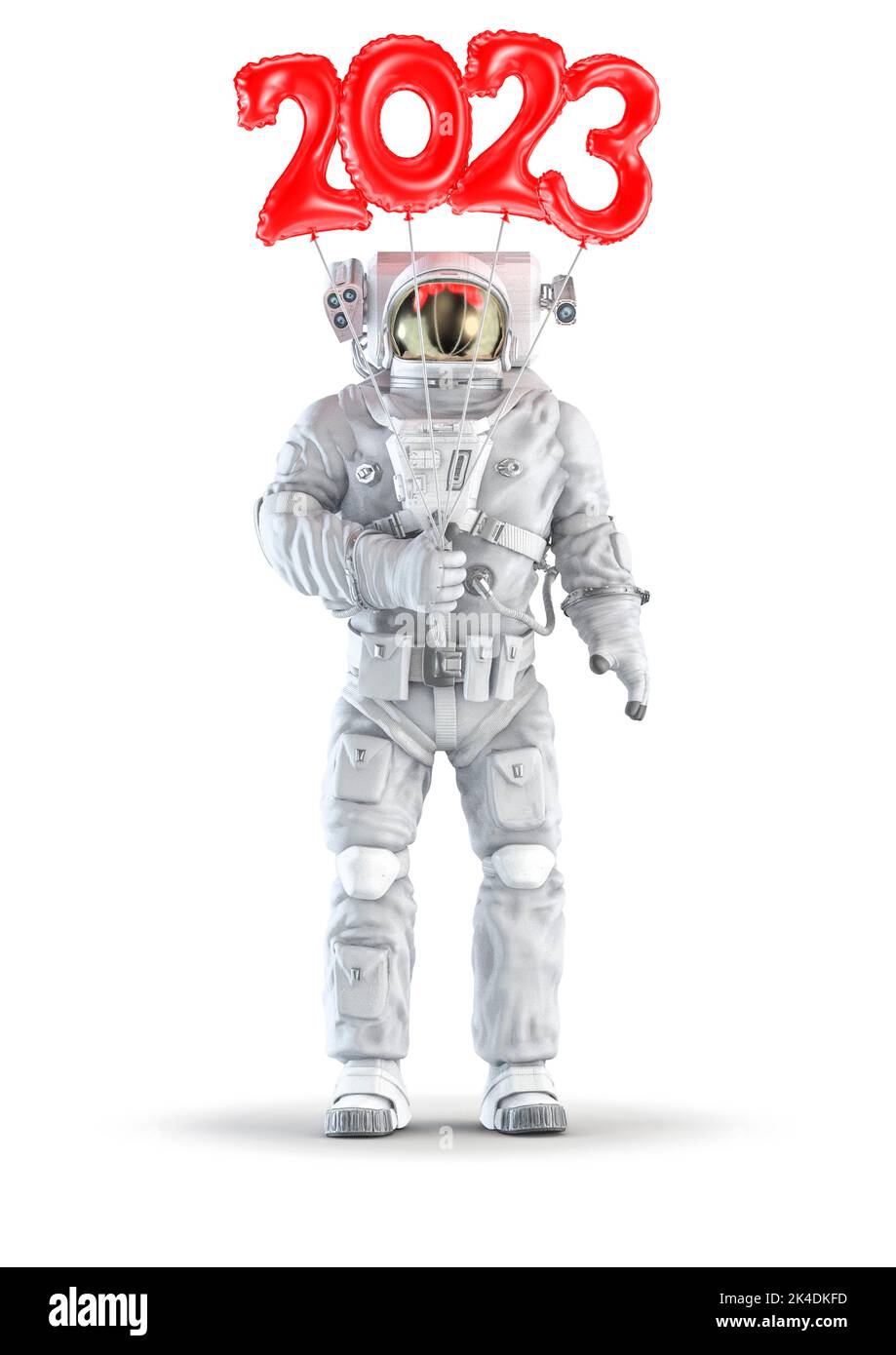 Astronaut mit 2023 Ballon - 3D Abbildung des Raumanzugs trägt männliche Figur mit roten Kunststoff Nummer Jahr 2023 Ballons isoliert auf weißem Studio Stockfoto