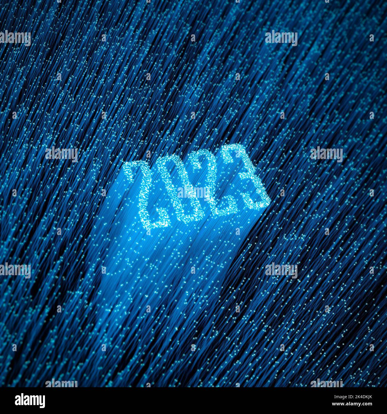 Lichtwellenleiter Jahr 2023 Konzept - 3D Darstellung glühender Lichtwellenleiter aus Jahr 2023 Text Stockfoto