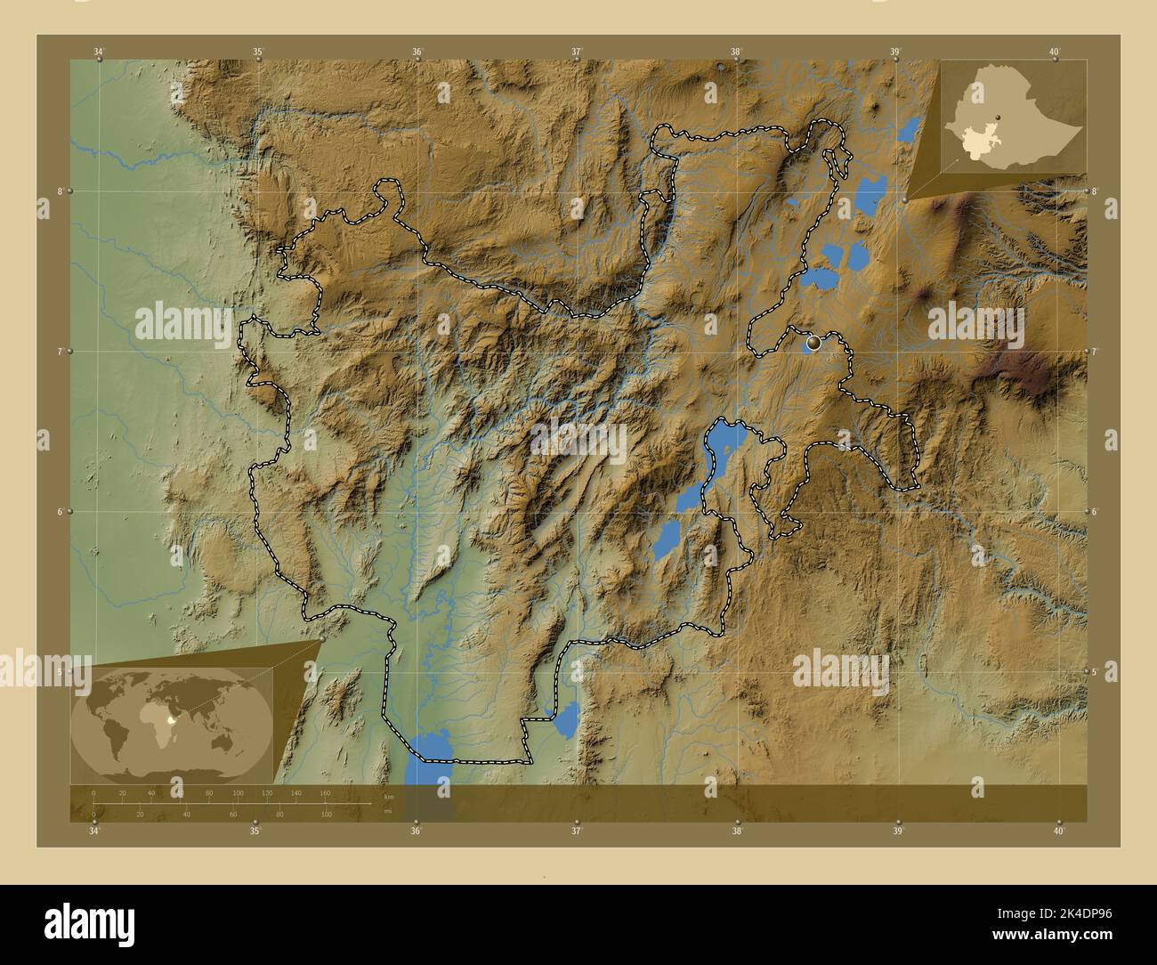 Südliche Nationen Nationalitäten und Völker, Staat Äthiopien. Farbige Höhenkarte mit Seen und Flüssen. Karten für zusätzliche Eckposition Stockfoto