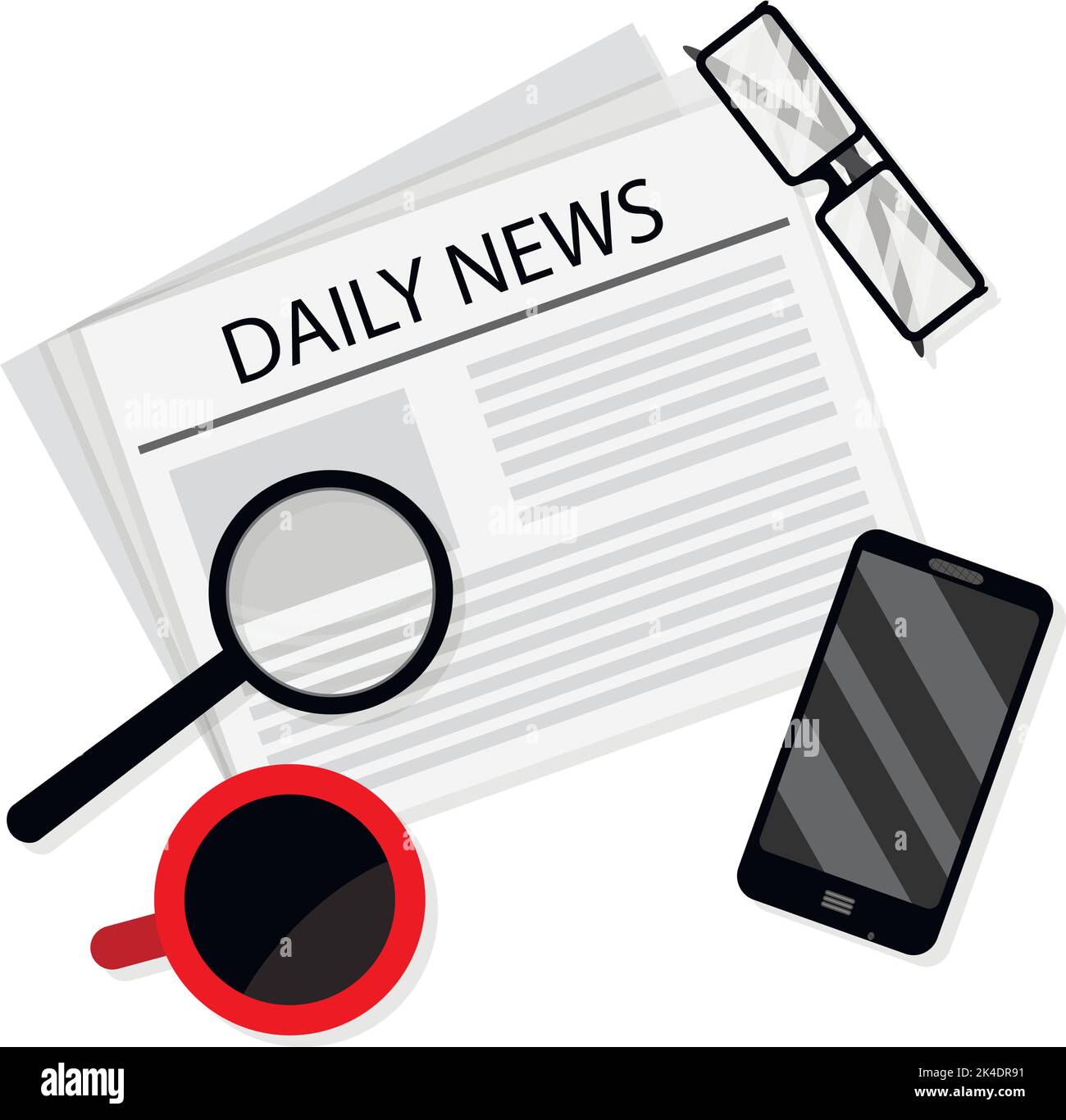 Daily News Concept, Business Morning neueste Zeitung und Kaffee. Vektorgrafik. Tägliches Pressekonzept, Zeitungsinformationen, Newsletter-Publicat Stock Vektor