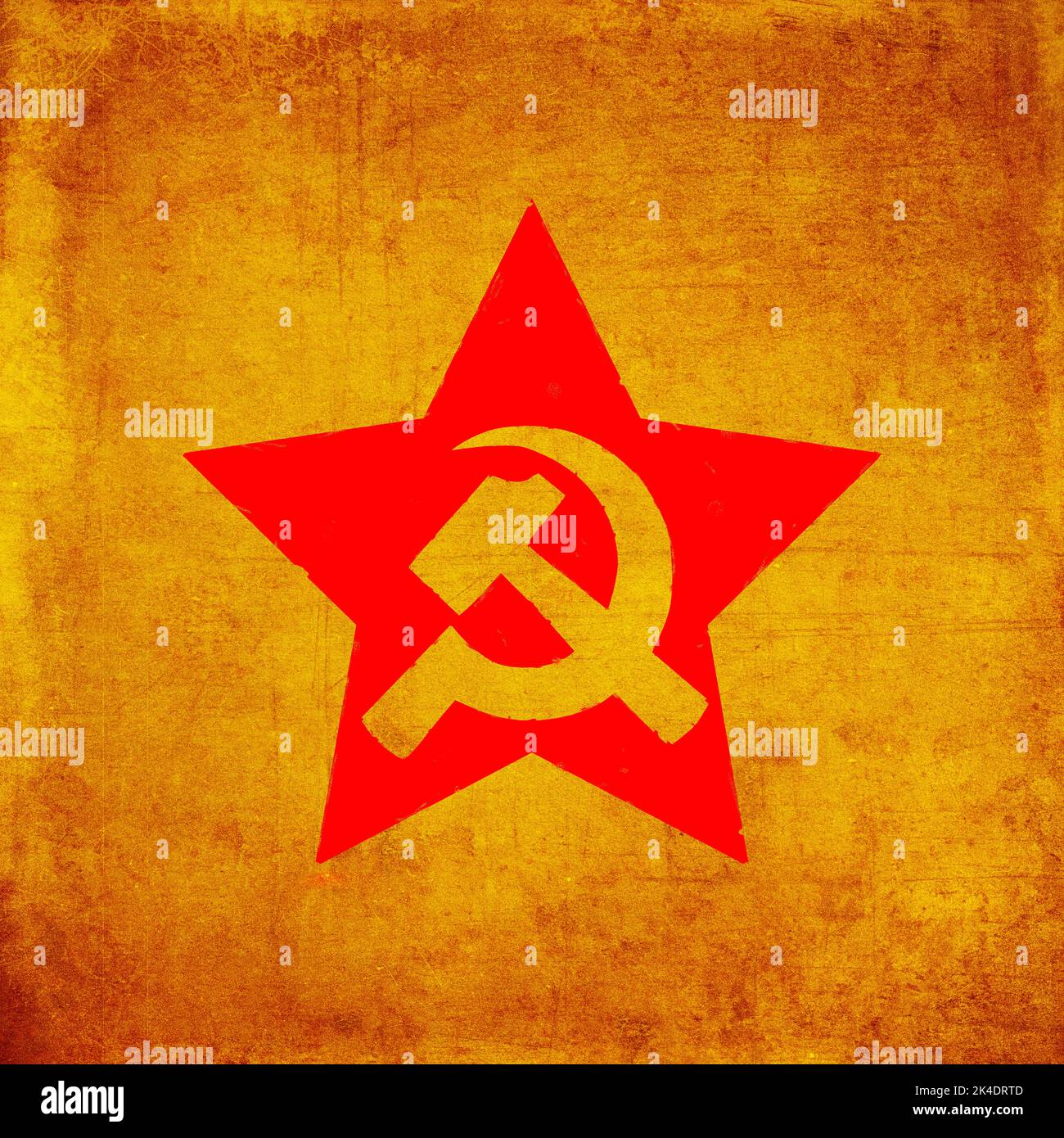 Wappen der Sowjetunion: Hammer und Sichel in rotem Stern. UdSSR-Symbol, grunge strukturiert Stockfoto