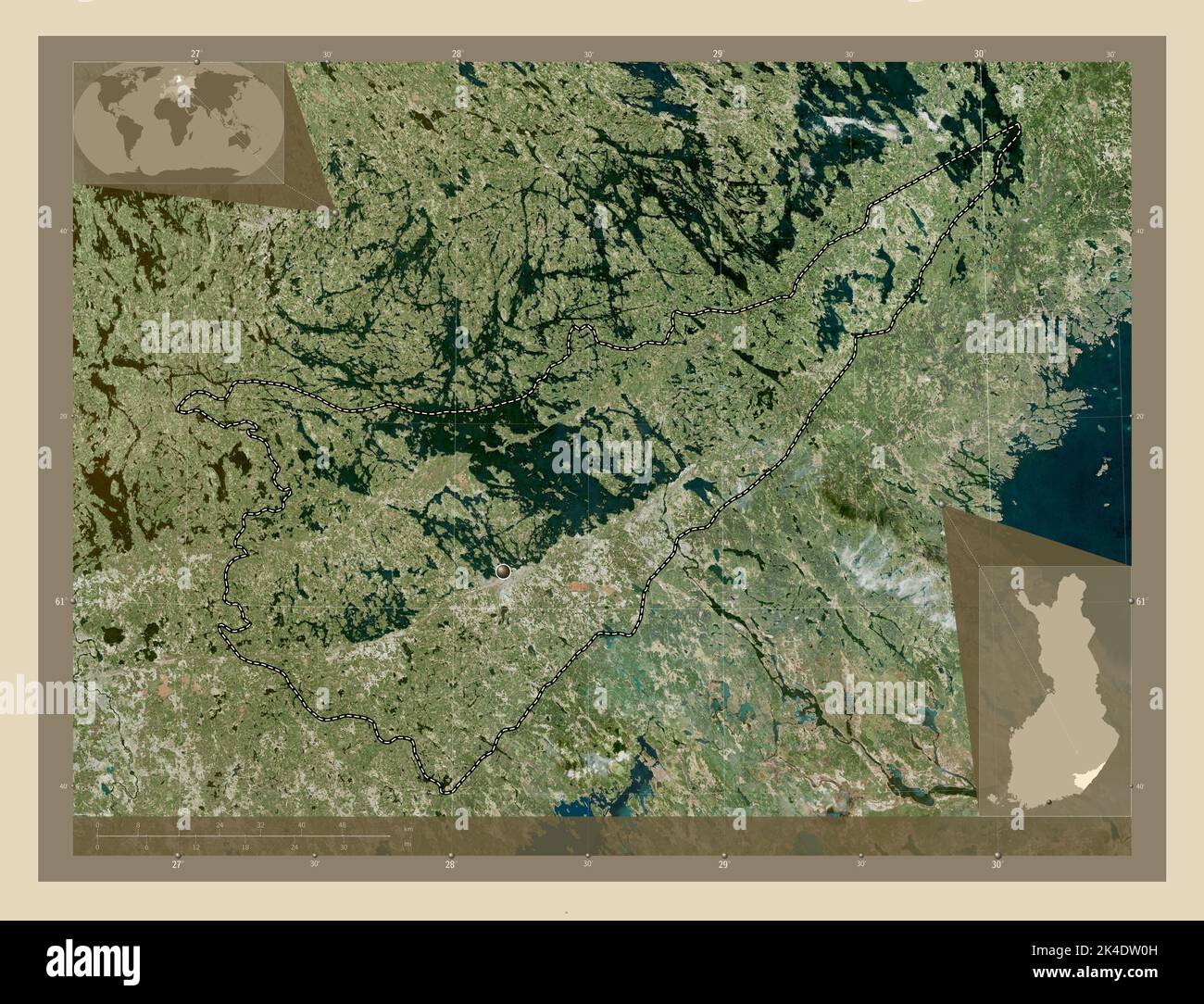 Südkarelien, Region von Finnland. Hochauflösende Satellitenkarte. Karten für zusätzliche Eckposition Stockfoto