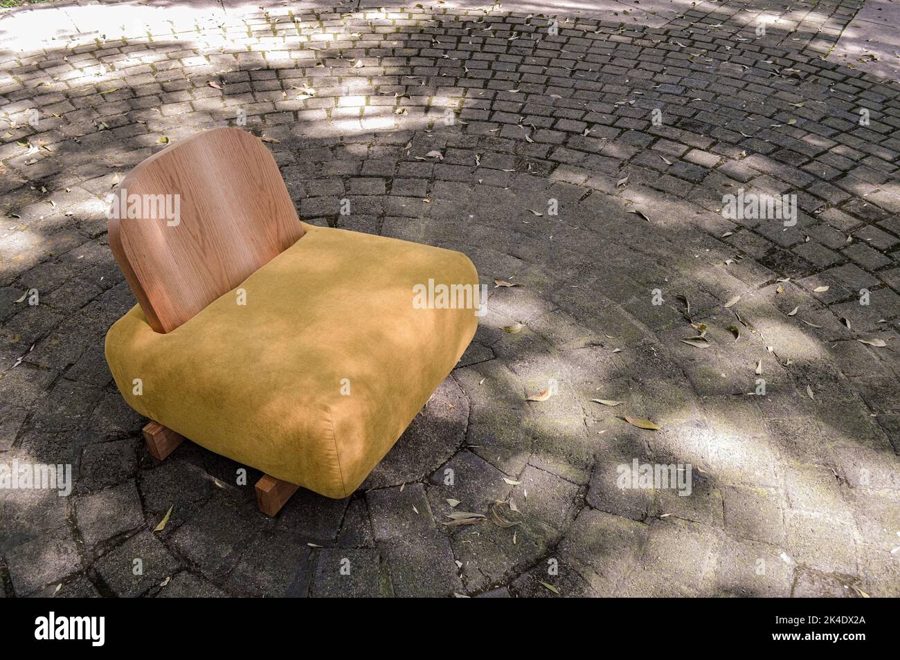 Sessel, Stuhl, Sofa, Struktur aus massivem Naturholz, Sitz und Rückenlehne aus Stoff Stockfoto