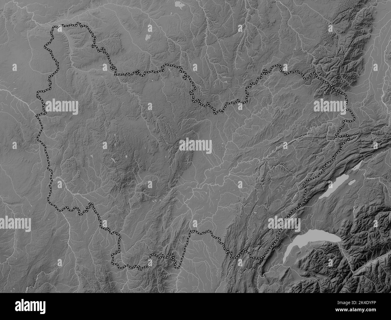 Bourgogne-Franche-Comte, Region Frankreich. Höhenkarte in Graustufen mit Seen und Flüssen Stockfoto