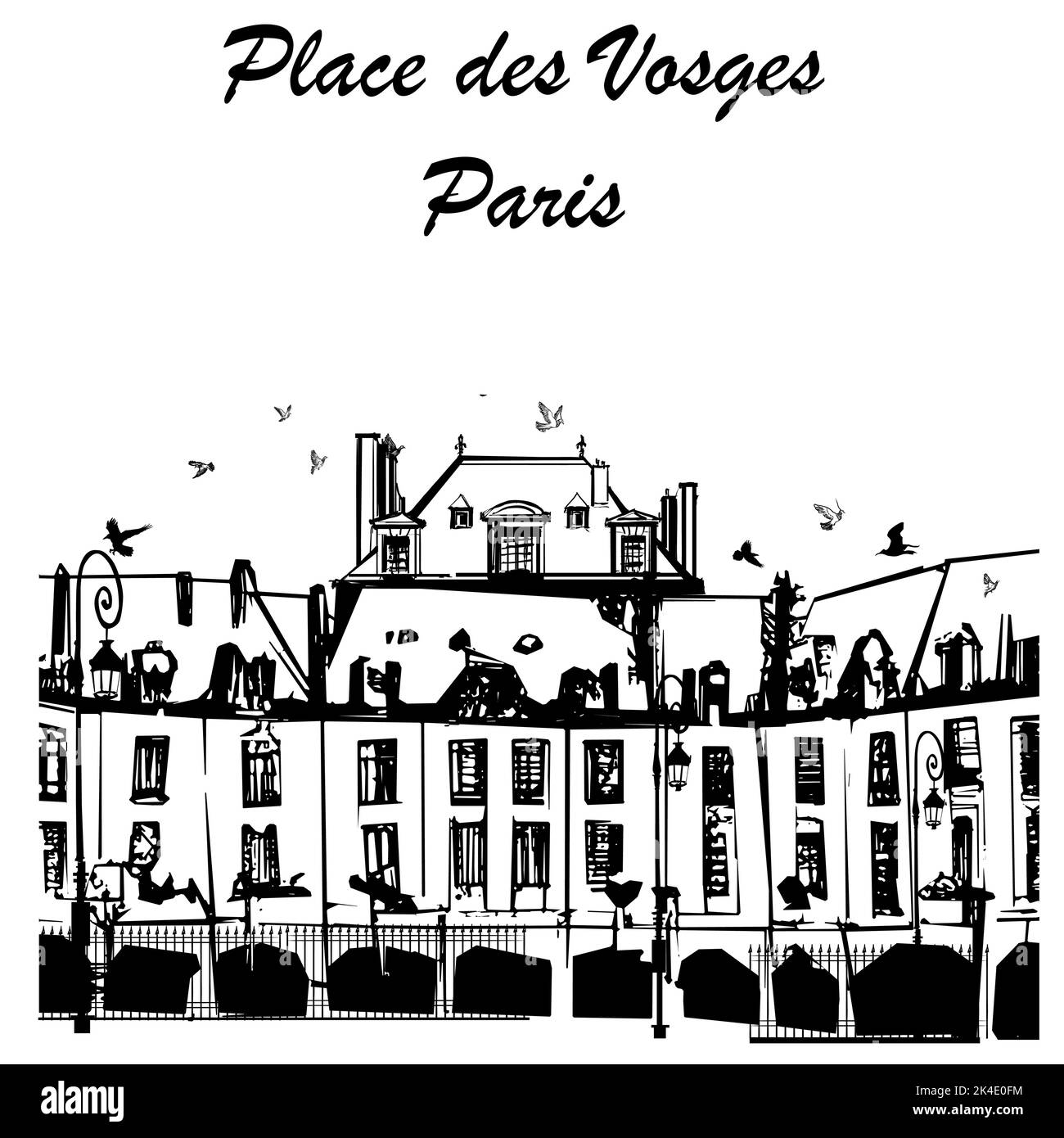 Originalzeichnung des Place des Vosges in Paris - Vektorgrafik (ideal für den Druck auf Stoff oder Papier, Poster oder Tapeten, Hausdekoration) Stock Vektor