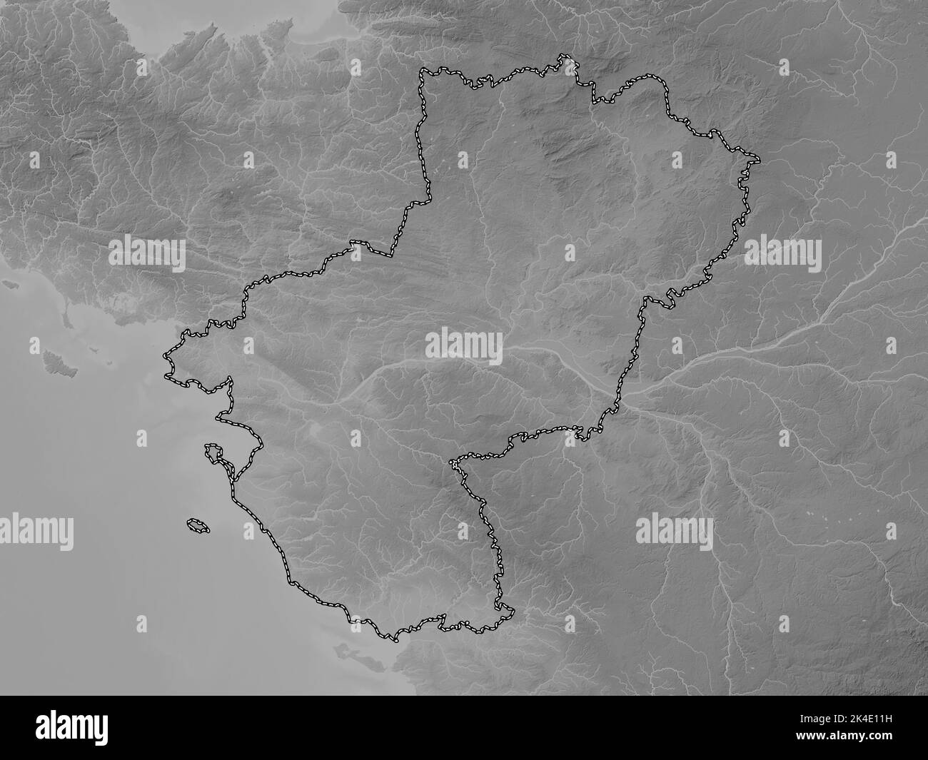 Pays de la Loire, Region von Frankreich. Höhenkarte in Graustufen mit Seen und Flüssen Stockfoto