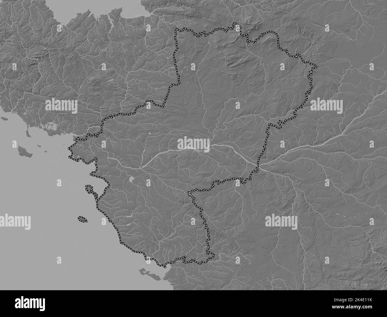 Pays de la Loire, Region von Frankreich. Bilevel-Höhenkarte mit Seen und Flüssen Stockfoto