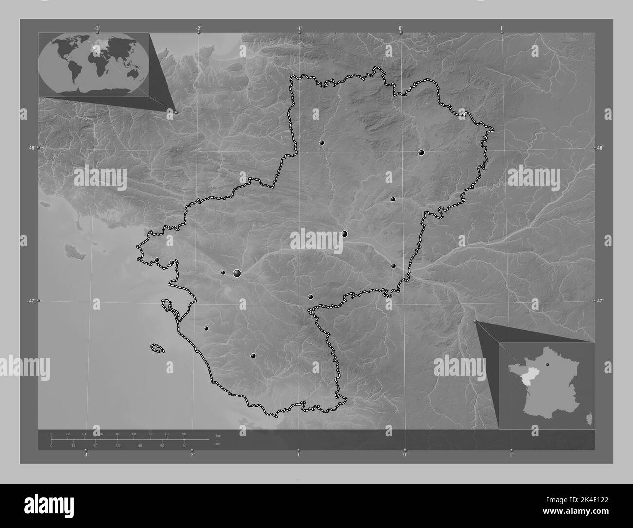 Pays de la Loire, Region von Frankreich. Höhenkarte in Graustufen mit Seen und Flüssen. Standorte der wichtigsten Städte der Region. Zusätzliche Position der Ecke Stockfoto