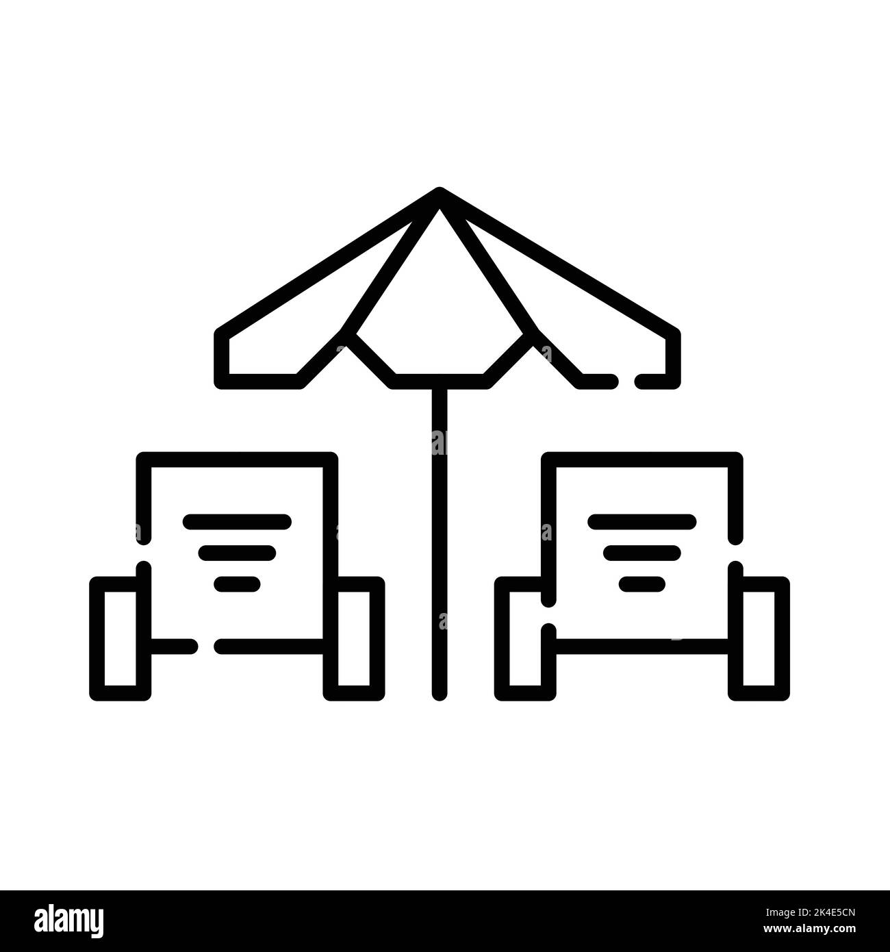 Sonnenschirm und zwei Sonnenliegen. Entspannung am Strand. Exotischer Kurzurlaub. Pixel-perfektes, bearbeitbares Strichsymbol Stock Vektor