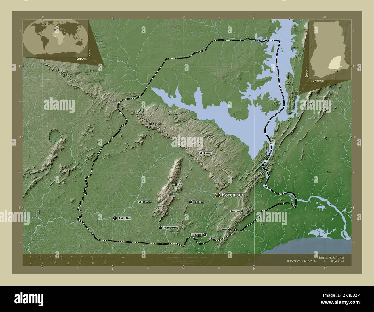 Eastern, Region von Ghana. Höhenkarte im WikiStil mit Seen und Flüssen