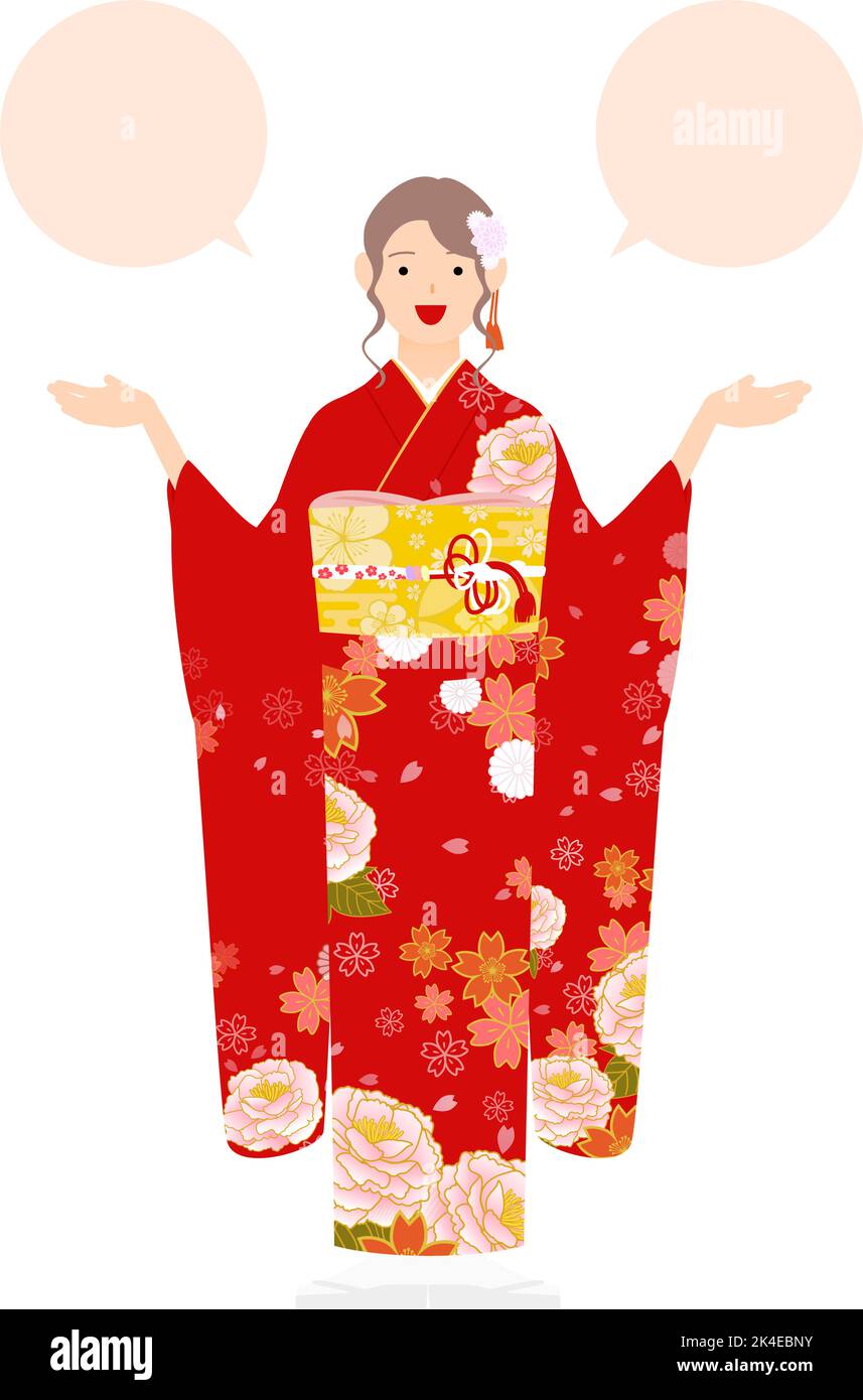 Eine Frau im Kimono, die eine Furisode trägt (langärmeliger Kimono), spricht mit offenen Armen (mit Sprechballon) Stock Vektor