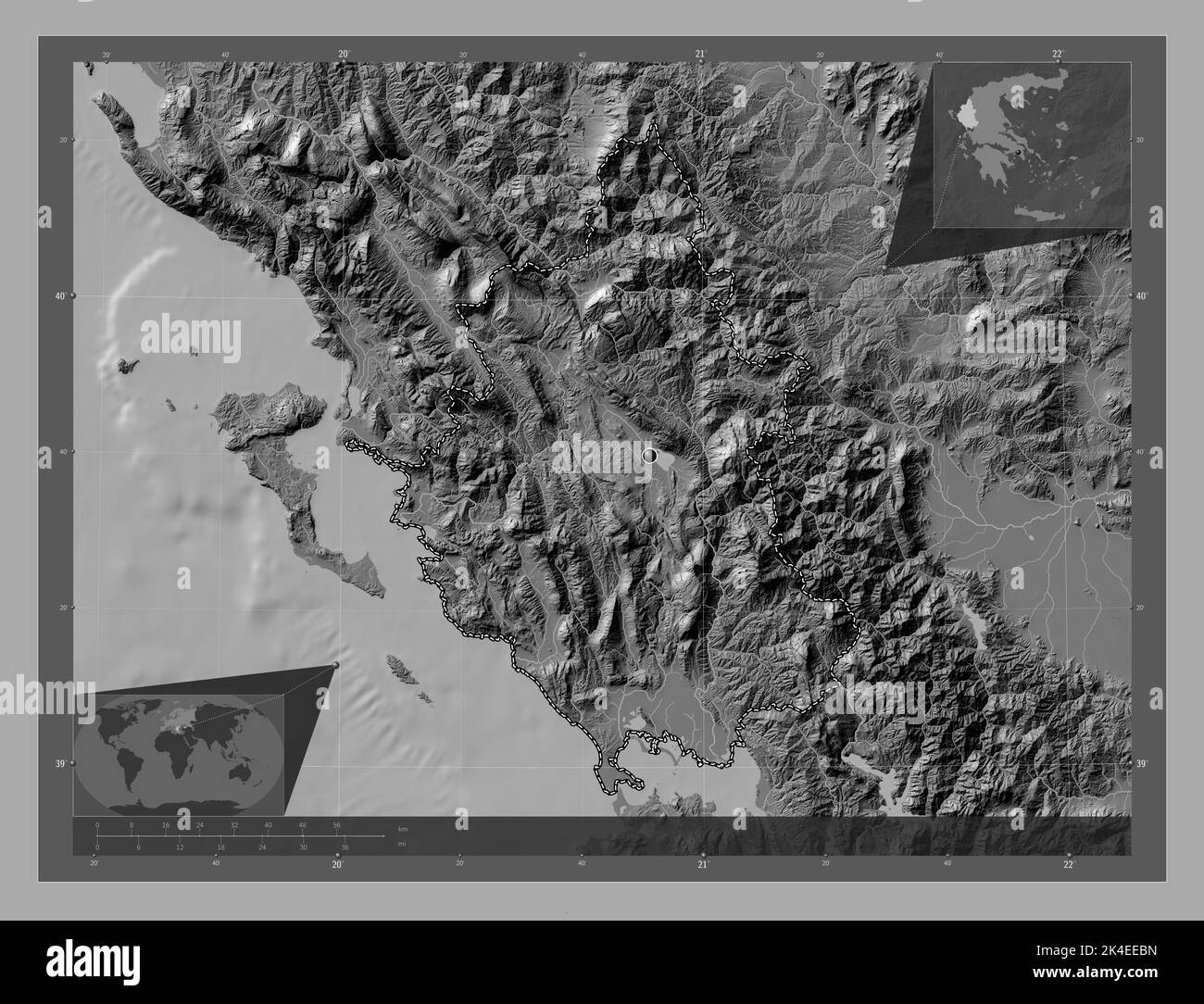 Epirus, dezentrale Verwaltung Griechenlands. Bilevel-Höhenkarte mit Seen und Flüssen. Karten für zusätzliche Eckposition Stockfoto