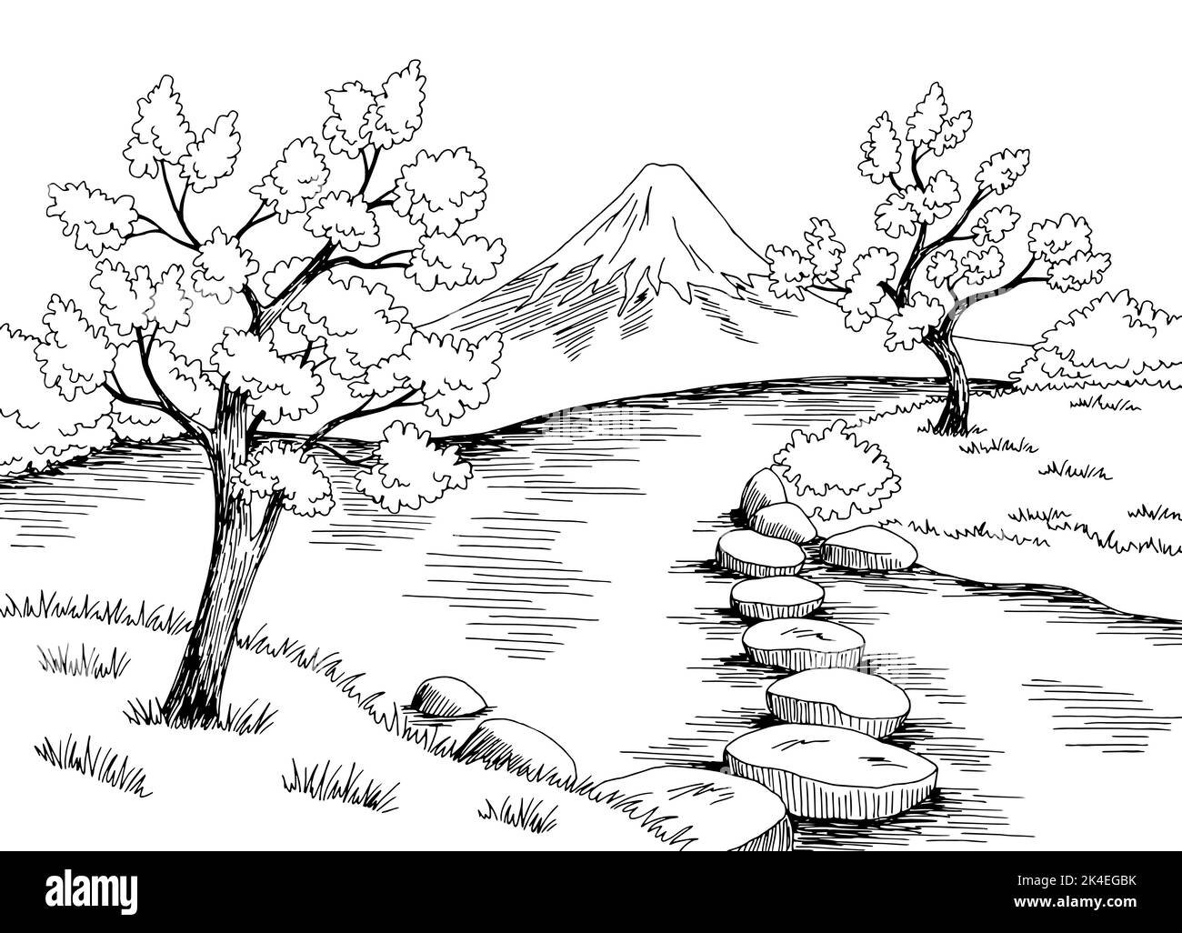 Japan Garten See Grafik schwarz weiß Landschaft Skizze Illustration Vektor Stock Vektor