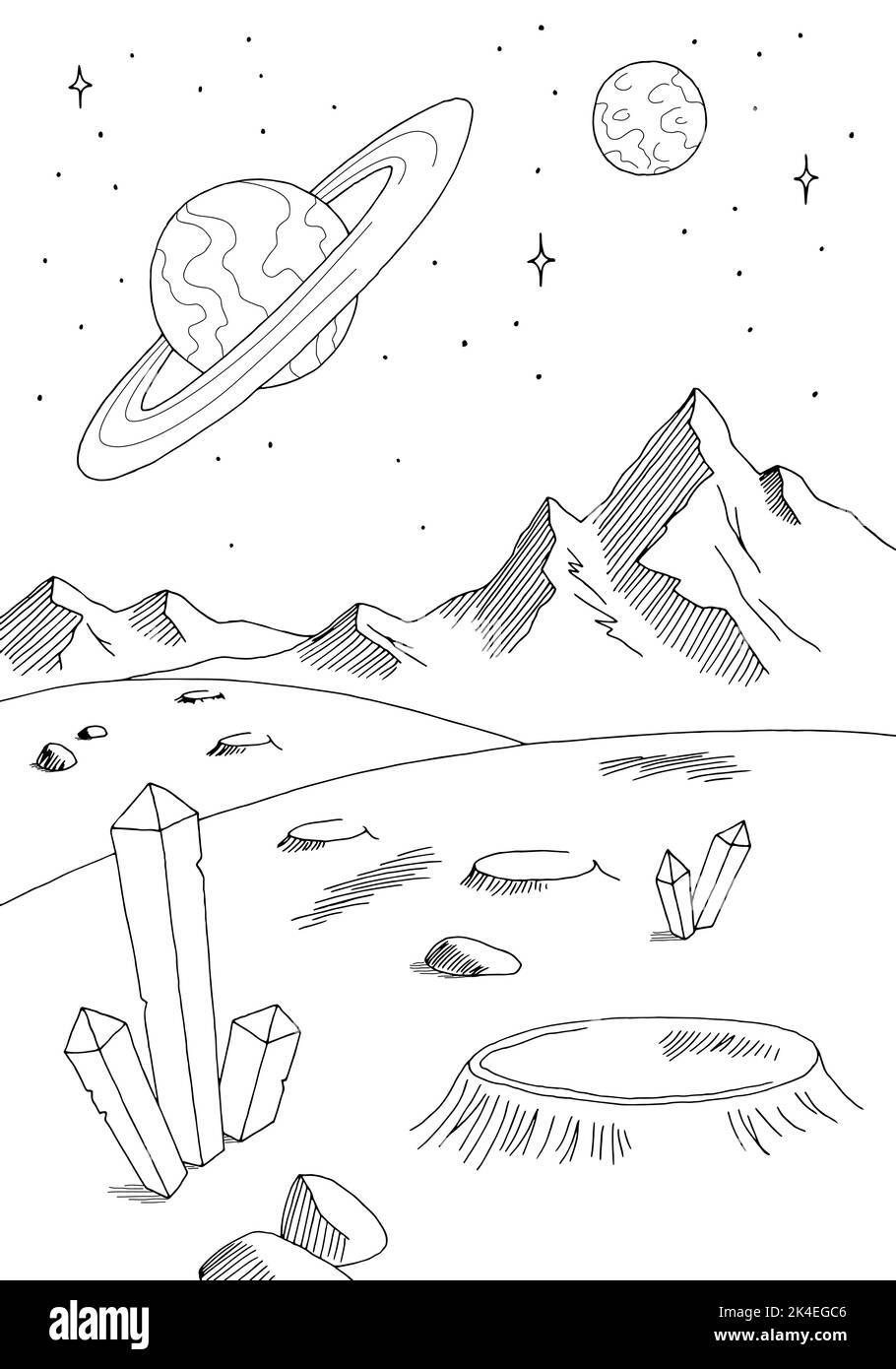 Alien Planet Grafik schwarz weiß Raum Landschaft vertikale Skizze Illustration Vektor Stock Vektor